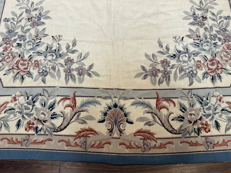 Ivory Needlepoint Rug 8x10, Wool Handmade Carpet by Jewel Rugs