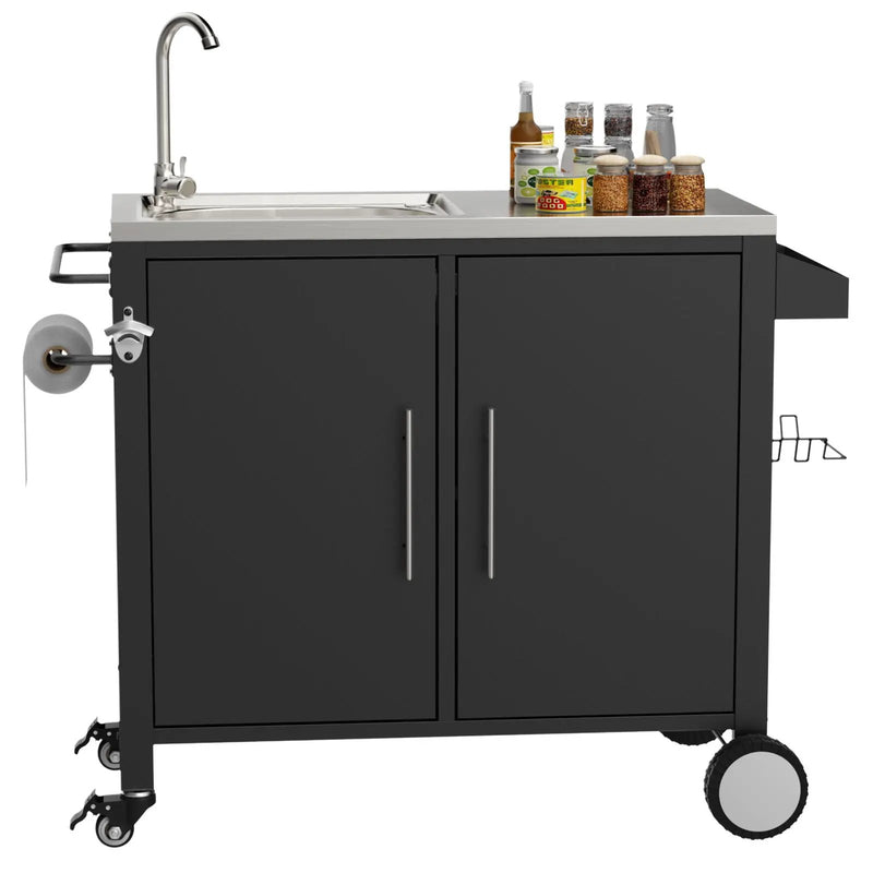 Outdoor Grill Cart With 304 Stainless Steel Sink And Cabinet - Black / Silver by HouseOfZazla