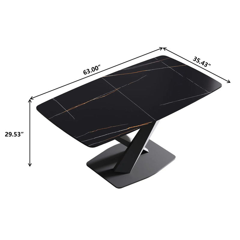 63" Artificial Stone Black Curved Black Metal Leg Dining Table - Black by HouseOfZazla