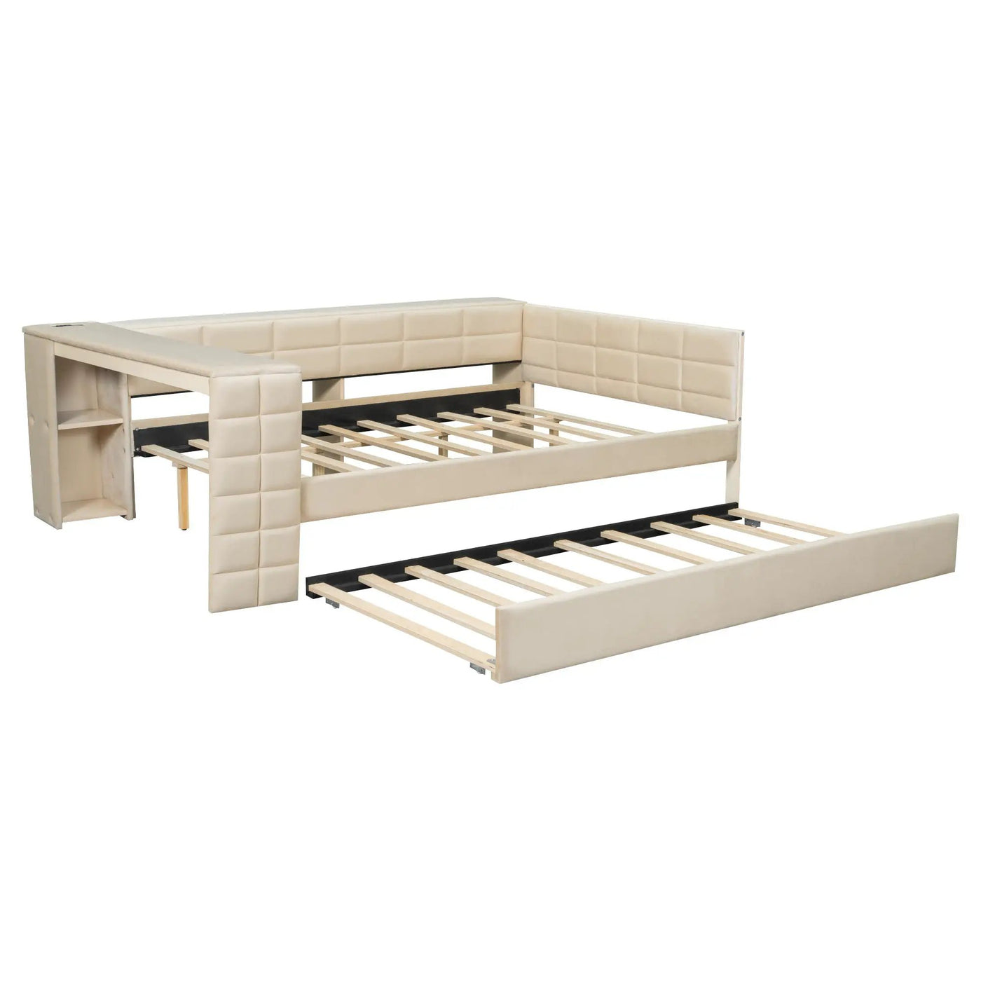 Upholstered Platform Bed With Storage Shelves, Desk, Charging Station And Trundle by HouseOfZazla