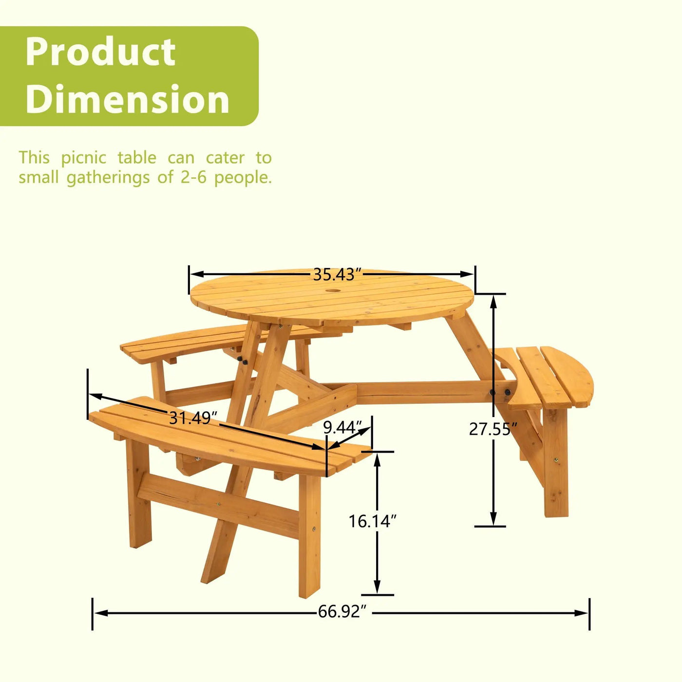 6 Person Circular Outdoor Wooden Picnic Table For Patio, Backyard, Garden, Diy With 3 Built-In Benches, 1720Lb Capacity by HouseOfZazla