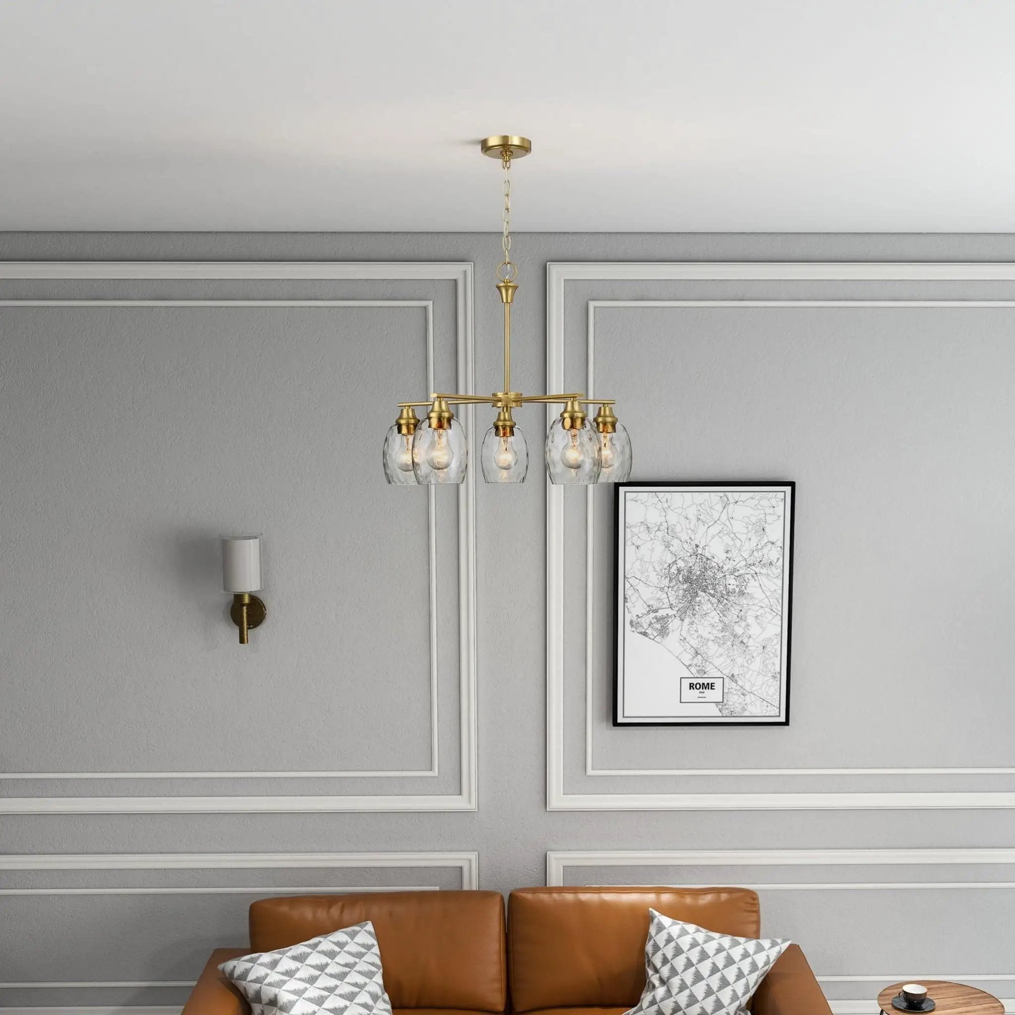 5 Lights Linear Arms With Chain Chandelier - Clear / Gold by HouseOfZazla