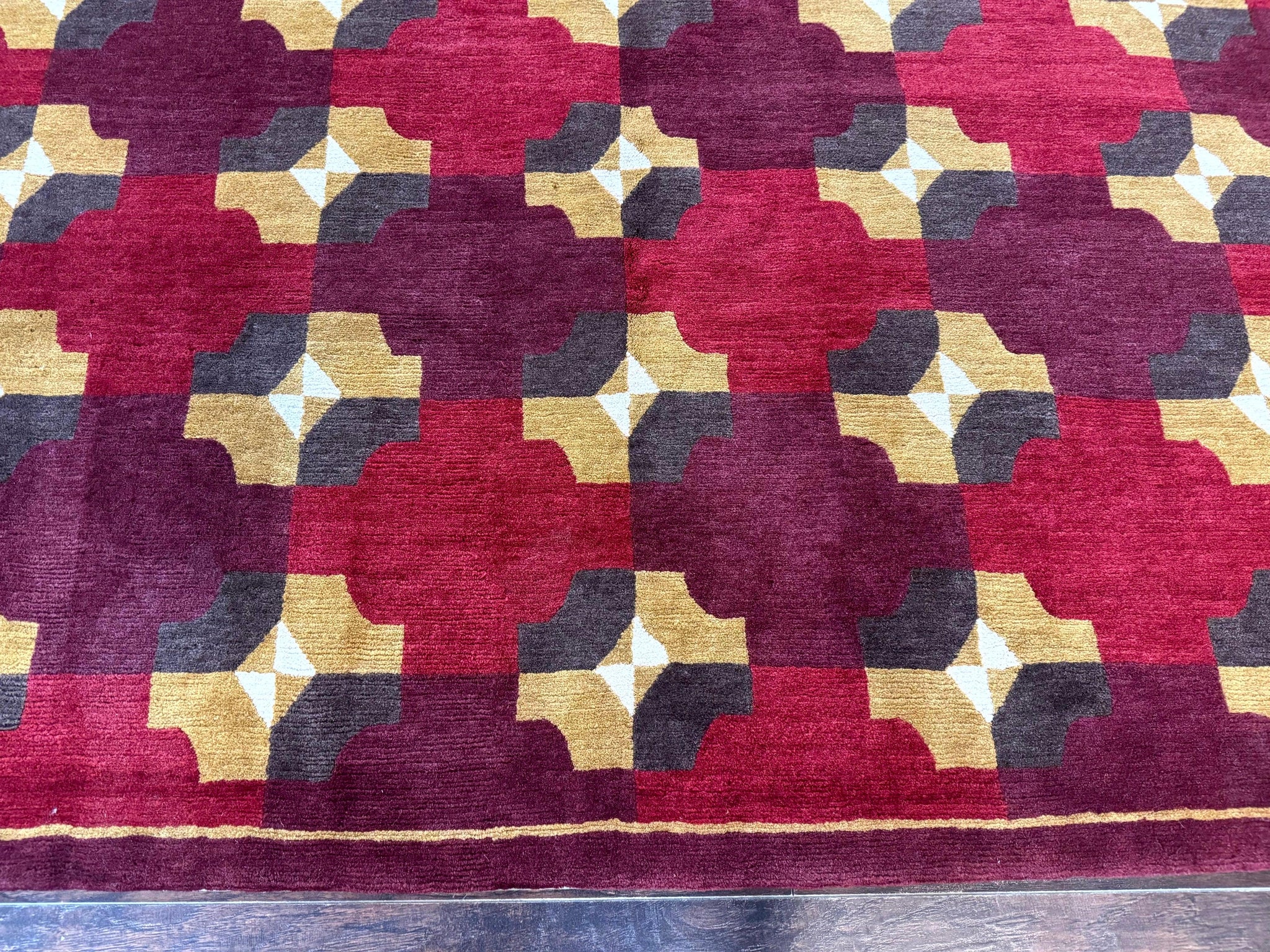 Modern Tibetan Rug 5 x 6.8, Wool, Red, Allover Pattern, Nepali Rug, Abstract Rug, Handmade Area Rug by Jewel Rugs