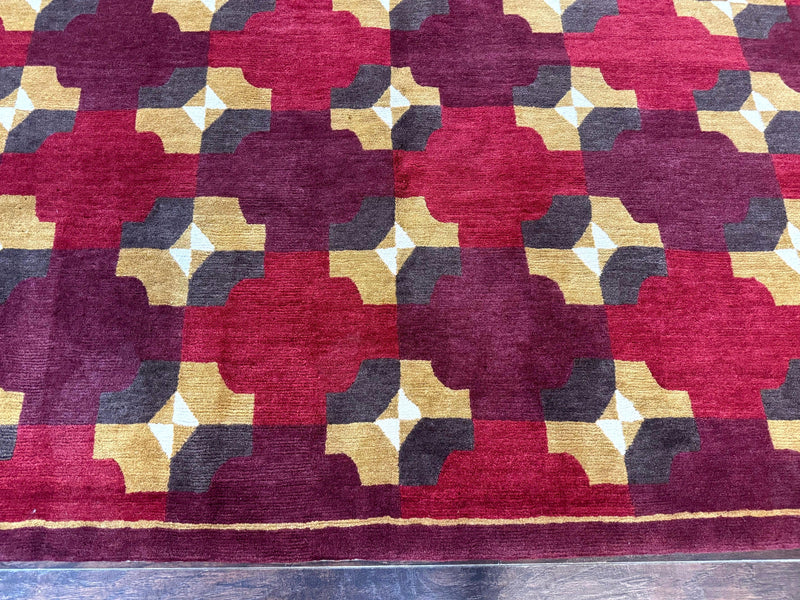 Modern Tibetan Rug 5 x 6.8, Wool, Red, Allover Pattern, Nepali Rug, Abstract Rug, Handmade Area Rug by Jewel Rugs