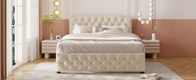 Upholstered Platform Bed With 2 Drawers And 2 Sets Of USB Ports On Each Side, Fabric by HouseOfZazla