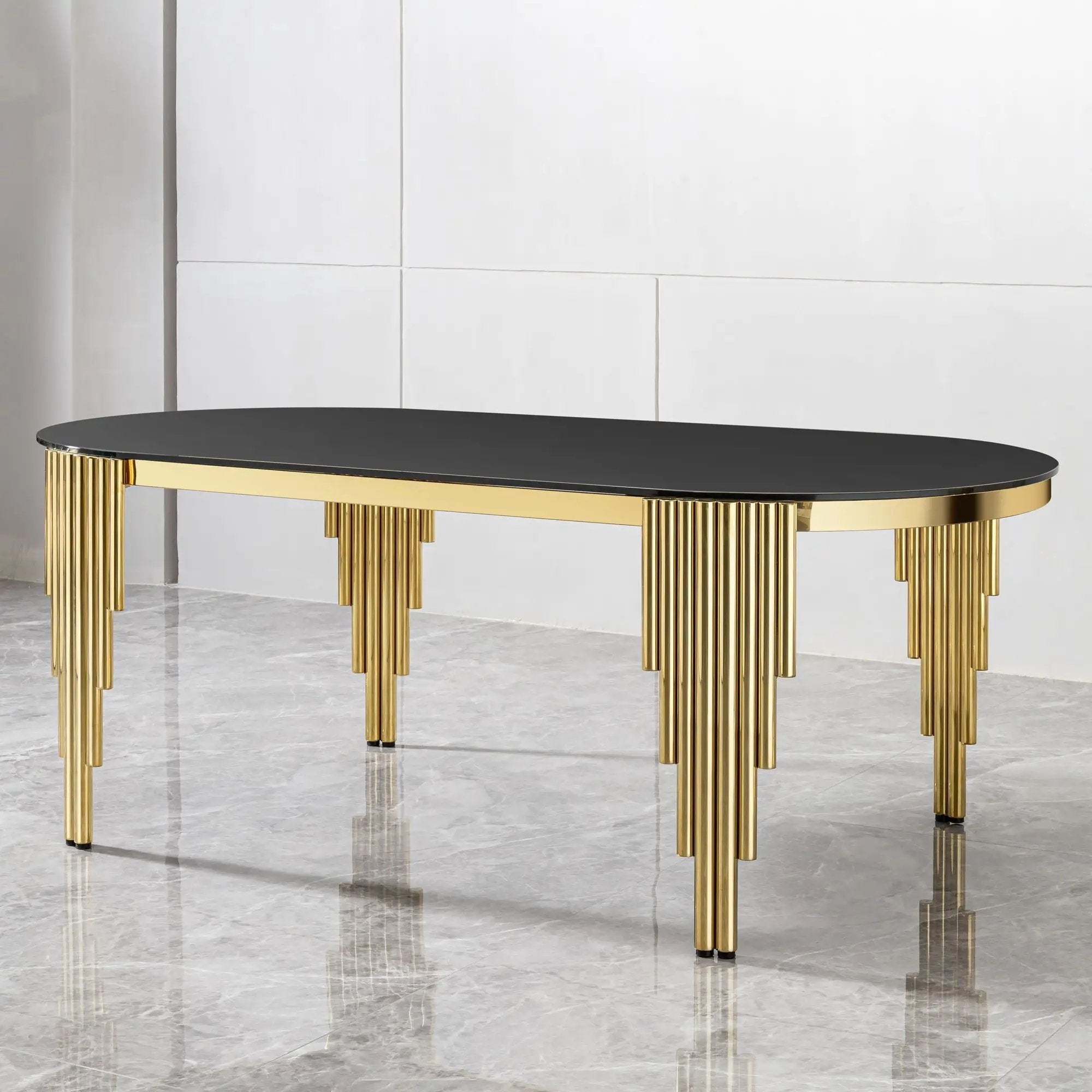 Oval Dining Table With Glass Top And Stainless Steel Base by HouseOfZazla