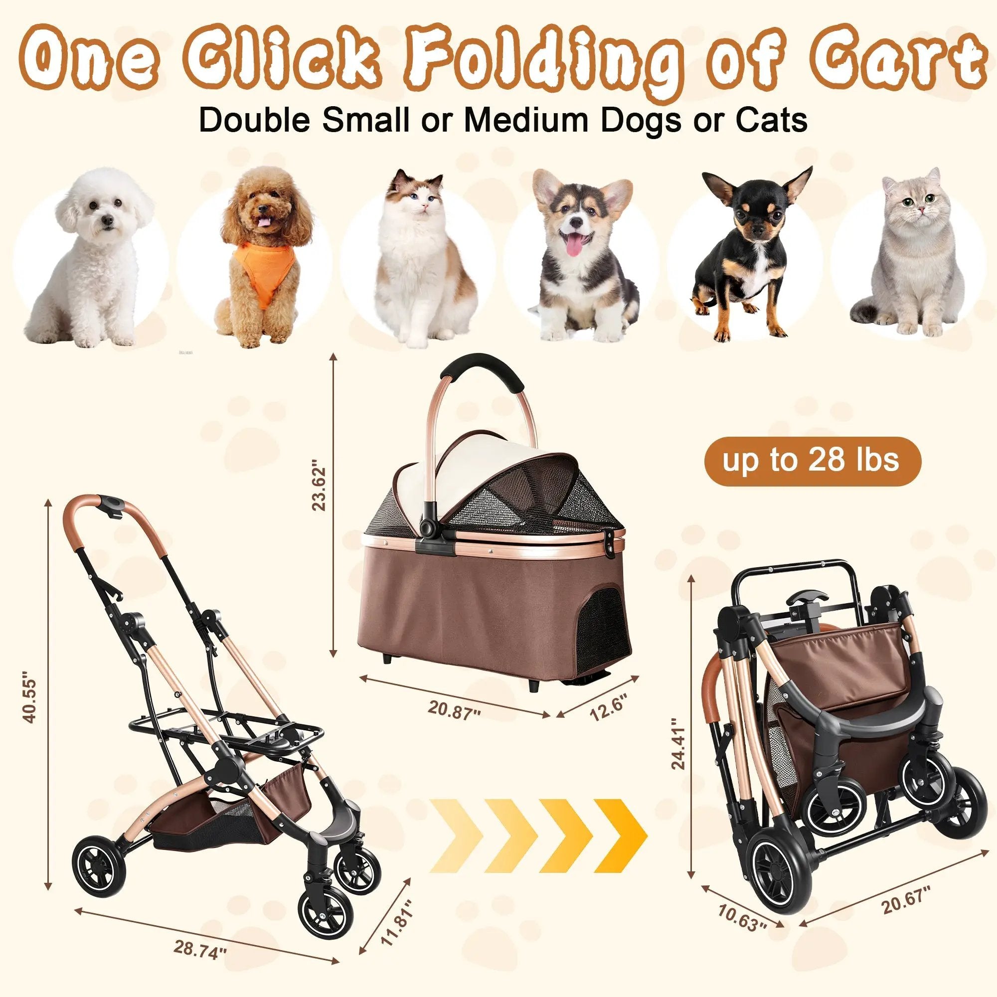 Pet Stroller for Dogs and Cats, 2-in-1 Detachable Foldable With Sun Canopy by HouseOfZazla