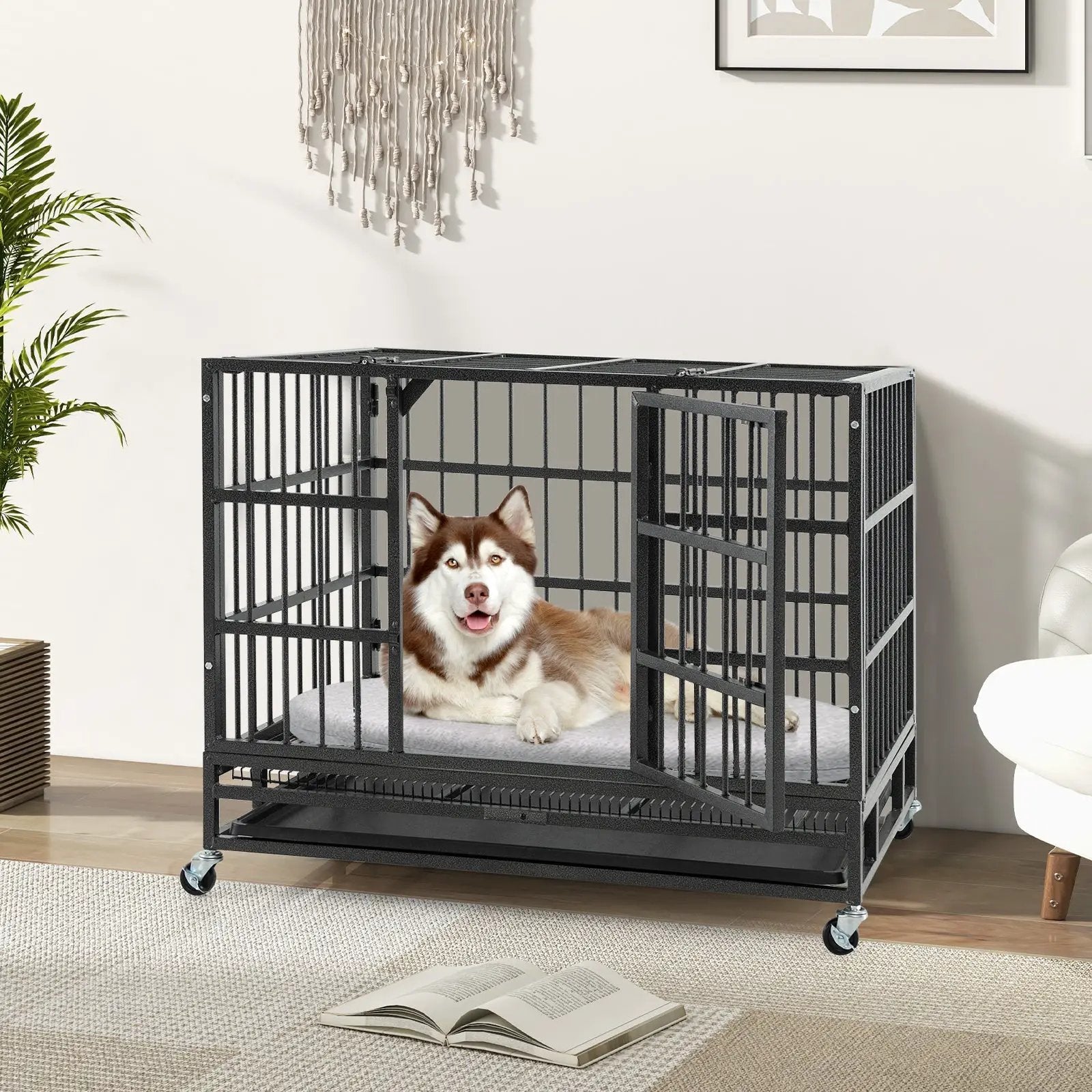48 Inch Foldable Heavy-Duty Metal Dog Cage with Lockable Rolling Casters and Tray by DirectDeals