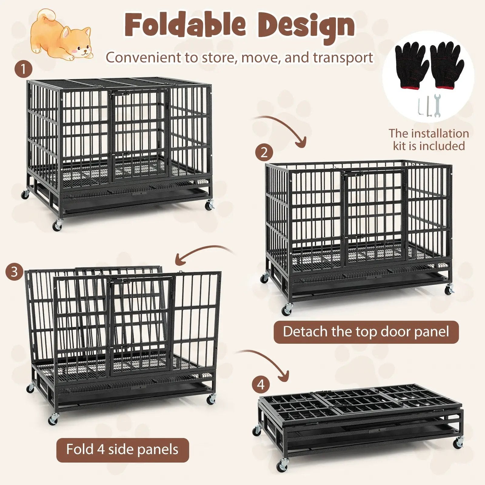 48 Inch Foldable Heavy-Duty Metal Dog Cage with Lockable Rolling Casters and Tray by DirectDeals