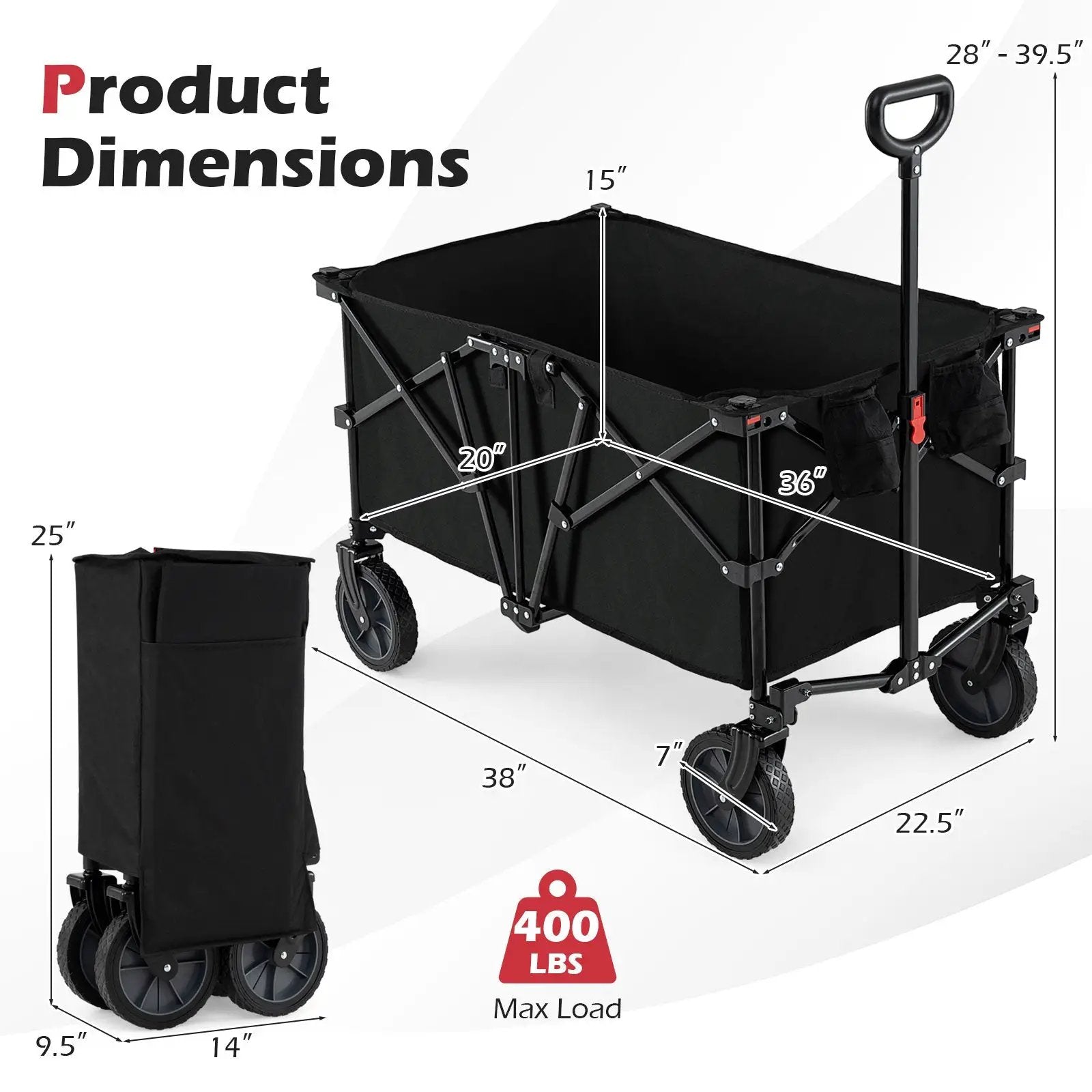 38 Inch 400 LBS Heavy-Duty Collapsible Wagon Cart with Adjustable Handle for Camping Garden-Black by DirectDeals