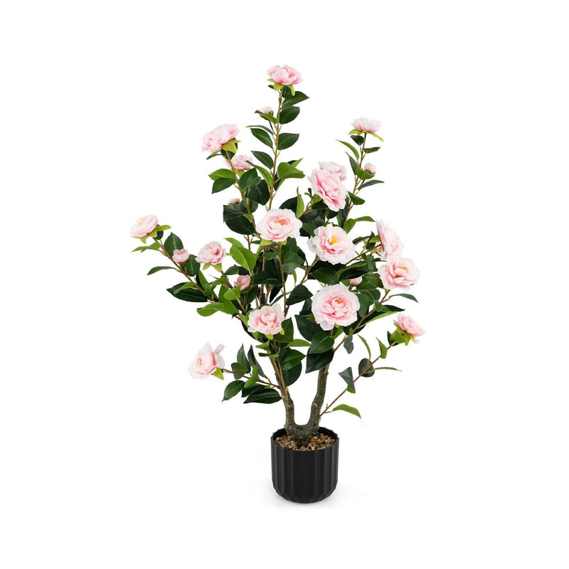 38 Inch Artificial Camellia Tree Faux Flower Plant in Cement Pot by DirectDeals
