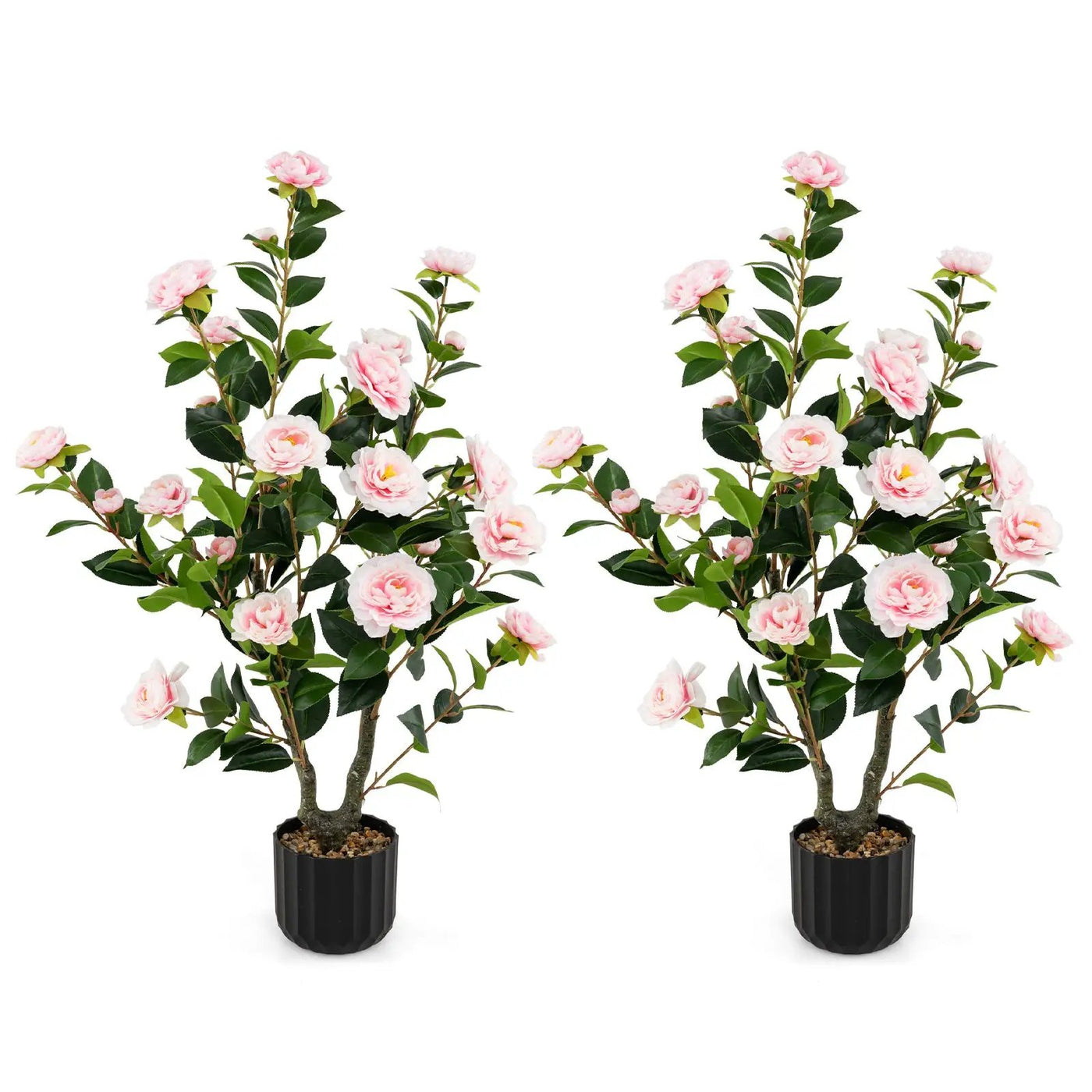 38 Inch Artificial Camellia Tree Faux Flower Plant in Cement Pot 2 Pack by DirectDeals