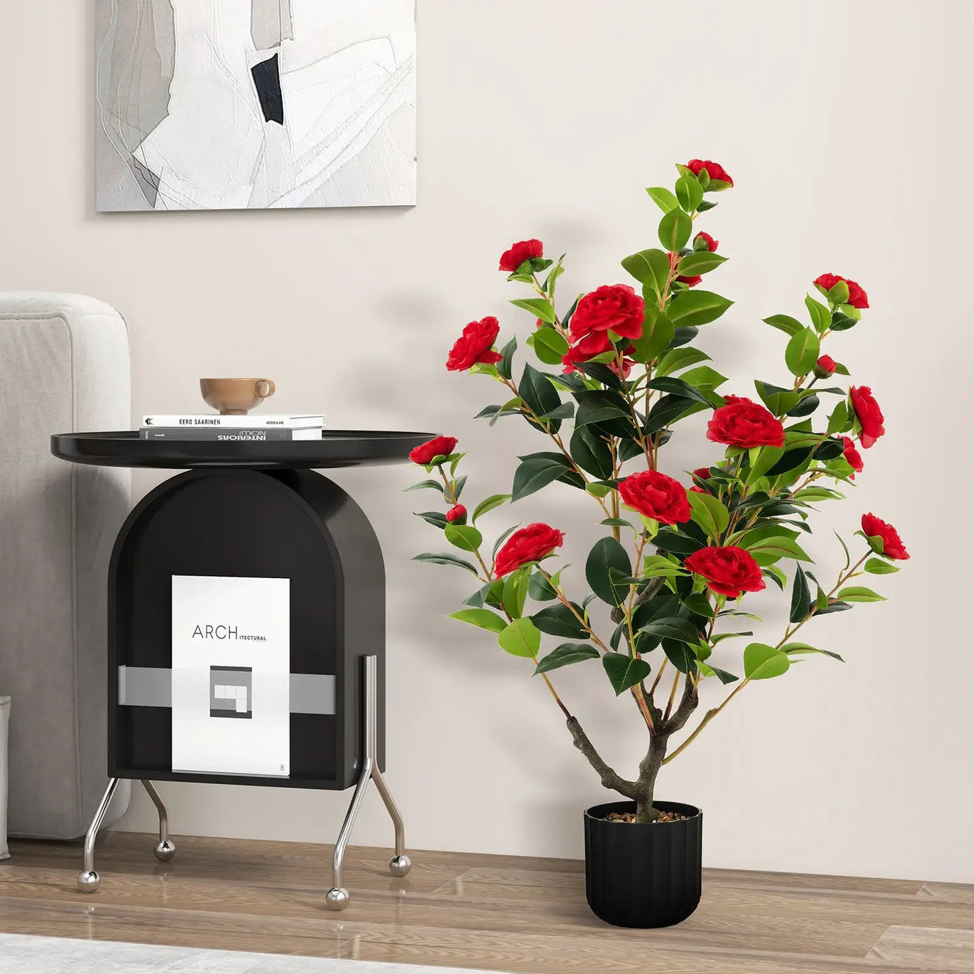 38 Inch Artificial Camellia Tree Faux Flower Plant in Cement Pot by DirectDeals