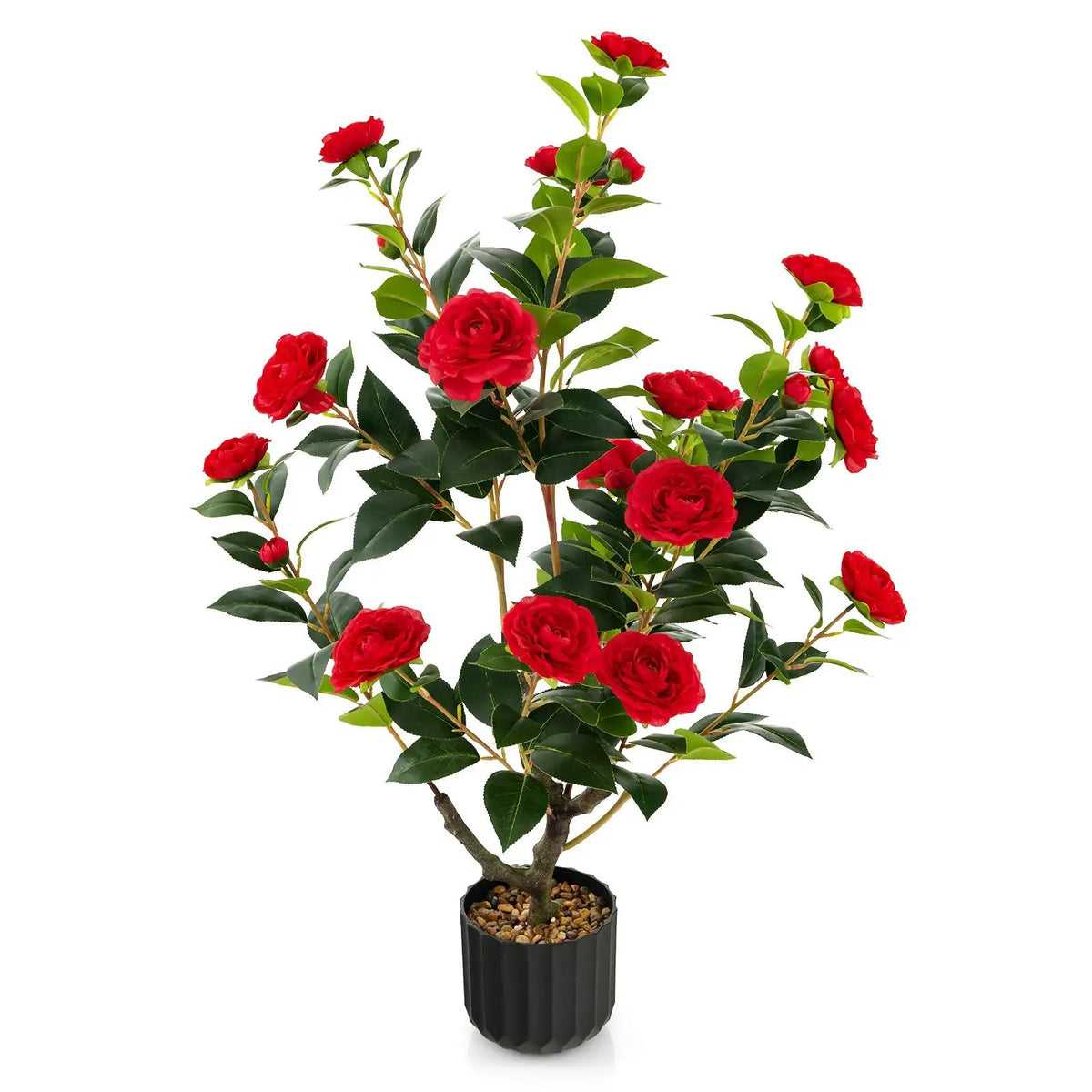38 Inch Artificial Camellia Tree Faux Flower Plant in Cement Pot by DirectDeals