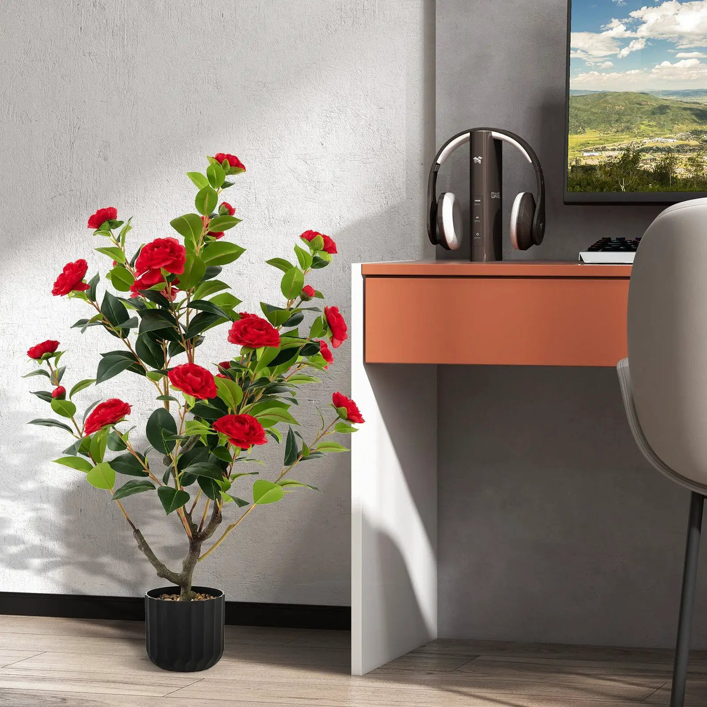 38 Inch Artificial Camellia Tree Faux Flower Plant in Cement Pot by DirectDeals
