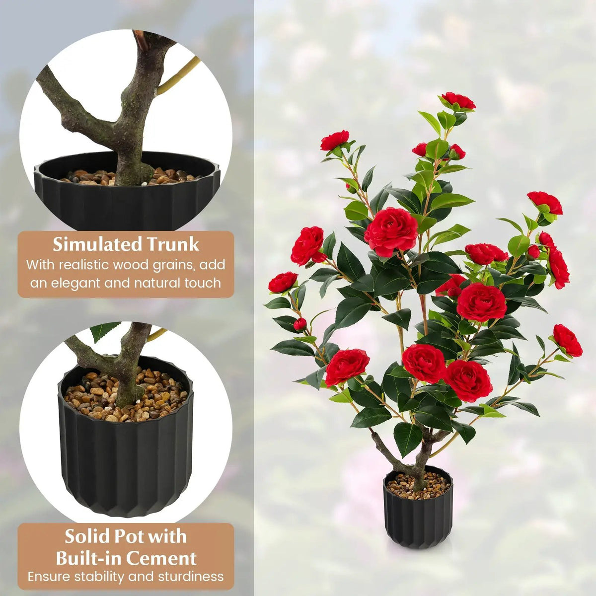 38 Inch Artificial Camellia Tree Faux Flower Plant in Cement Pot by DirectDeals