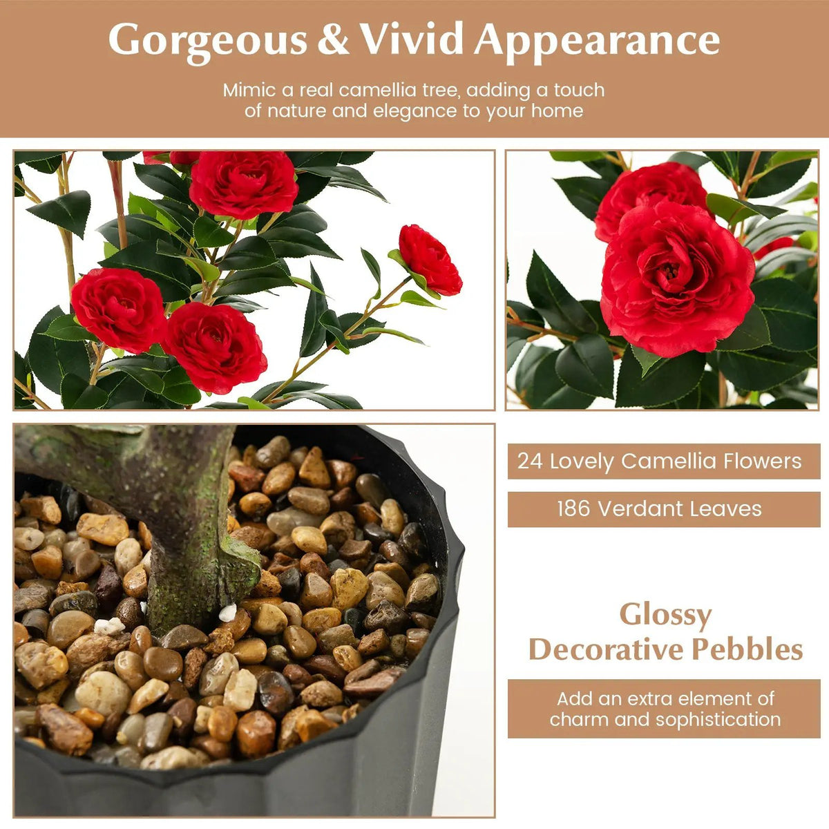 38 Inch Artificial Camellia Tree Faux Flower Plant in Cement Pot by DirectDeals