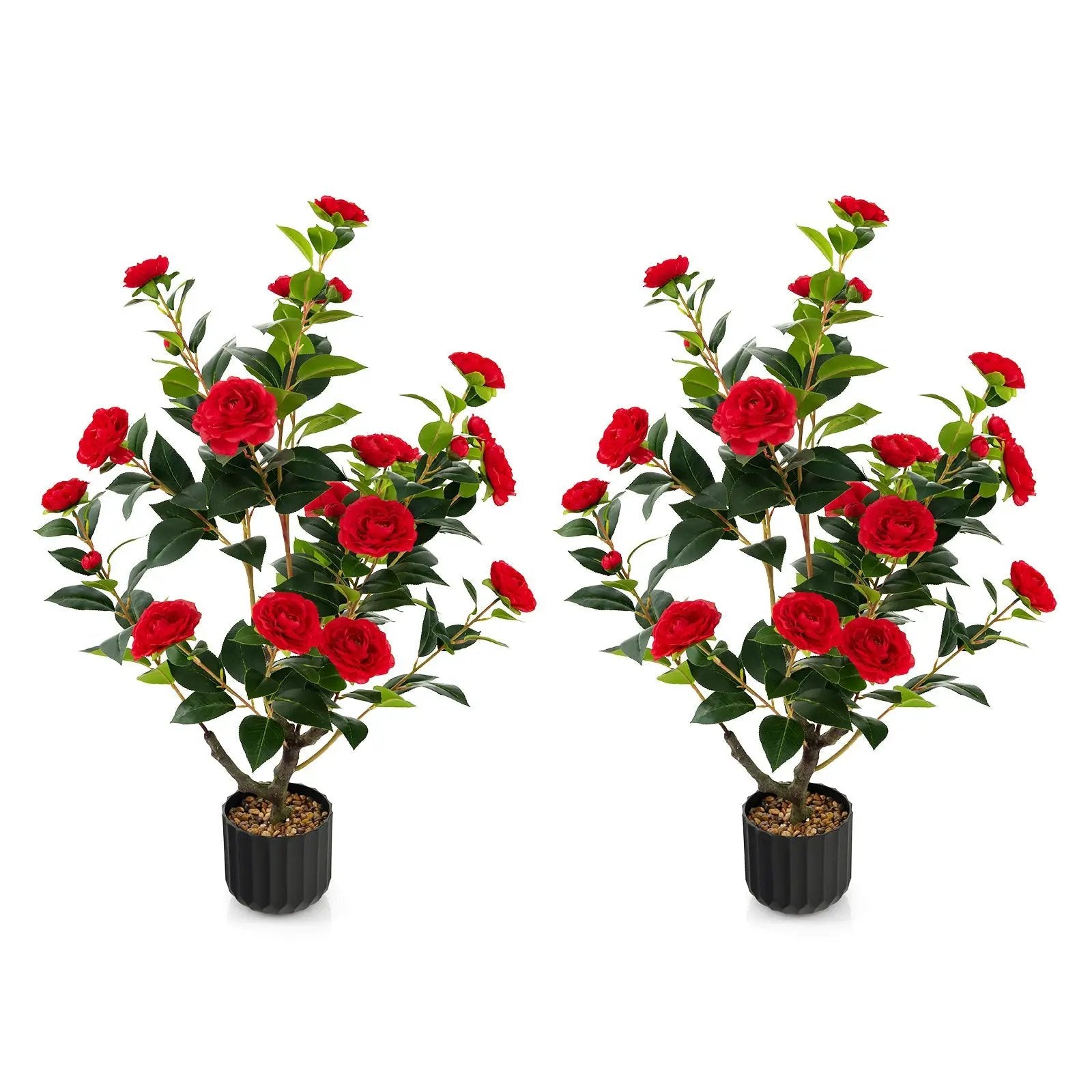 38 Inch Artificial Camellia Tree Faux Flower Plant in Cement Pot 2 Pack by DirectDeals