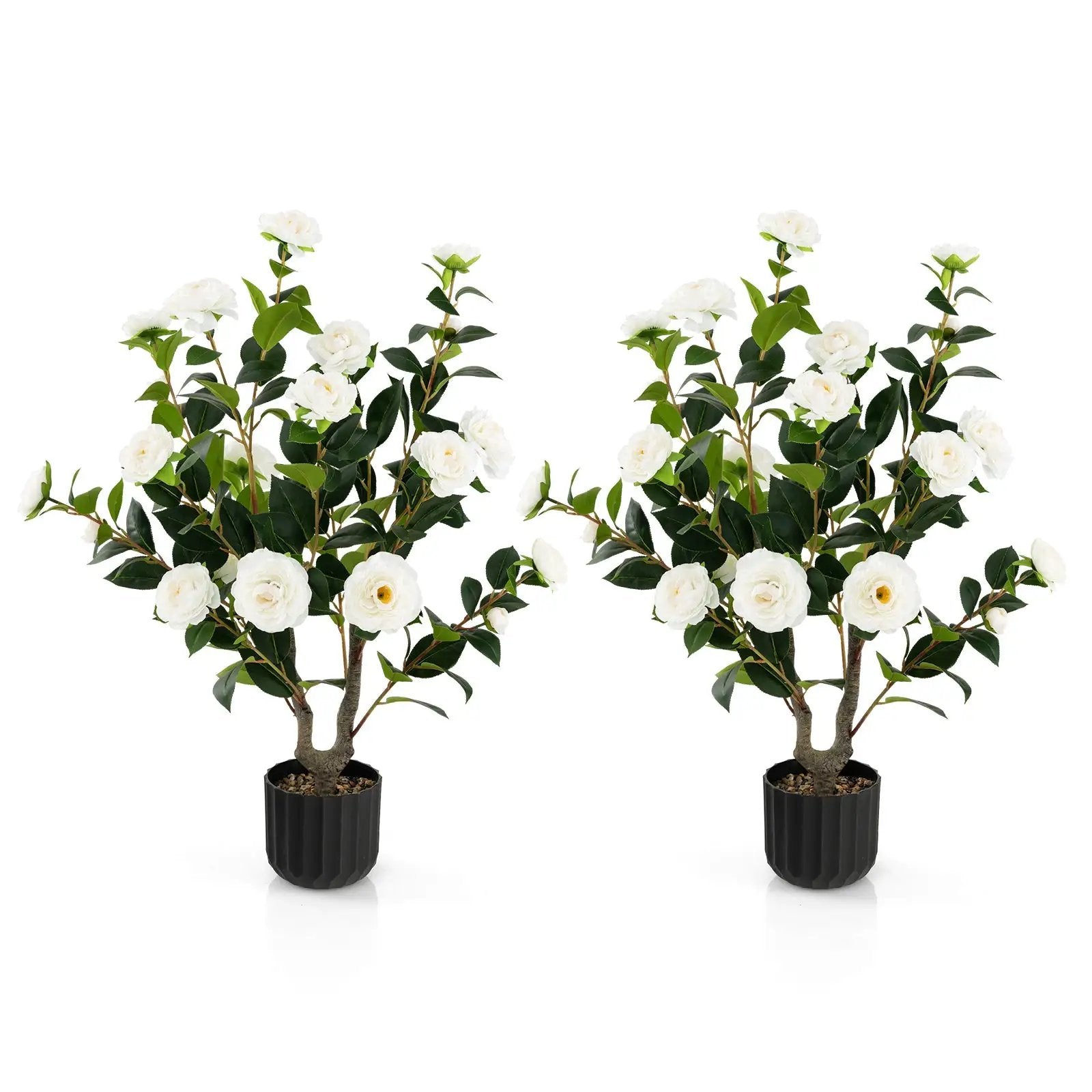38 Inch Artificial Camellia Tree Faux Flower Plant in Cement Pot 2 Pack by DirectDeals