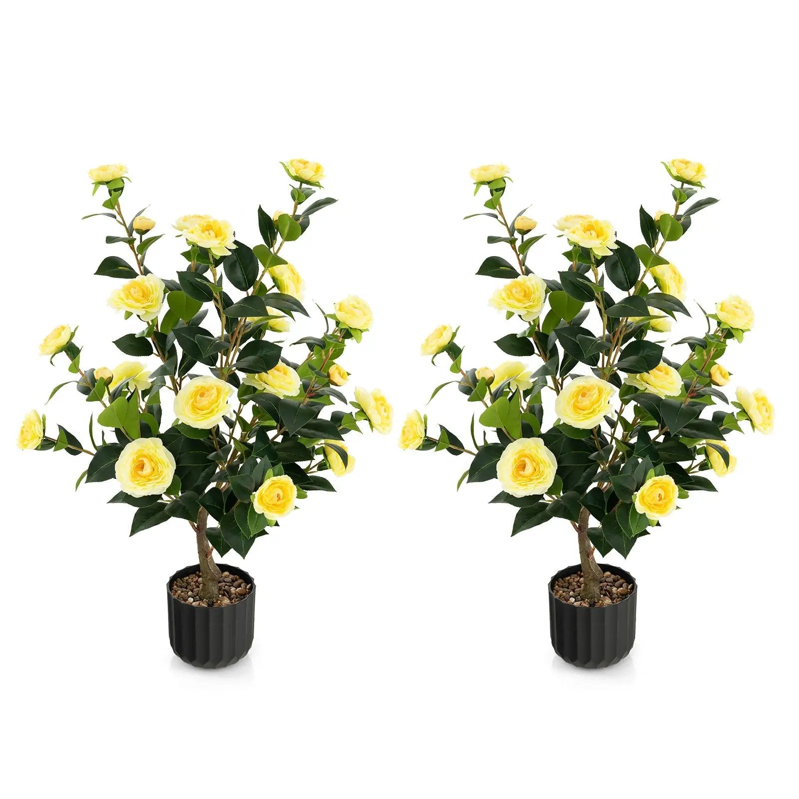 38 Inch Artificial Camellia Tree Faux Flower Plant in Cement Pot 2 Pack by DirectDeals