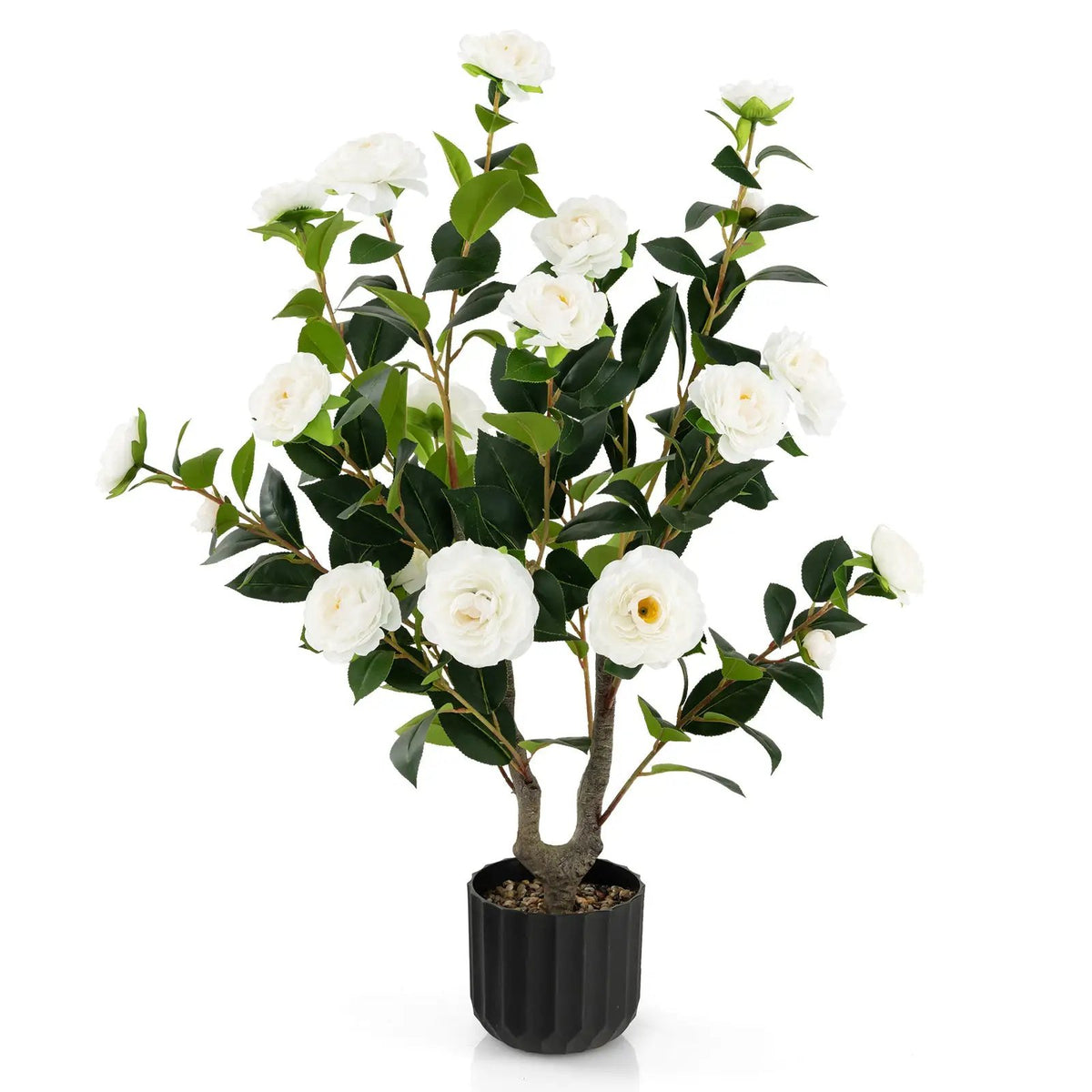 38 Inch Artificial Camellia Tree Faux Flower Plant in Cement Pot by DirectDeals