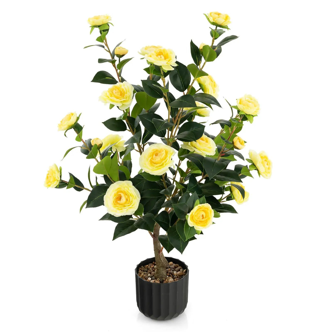 38 Inch Artificial Camellia Tree Faux Flower Plant in Cement Pot by DirectDeals