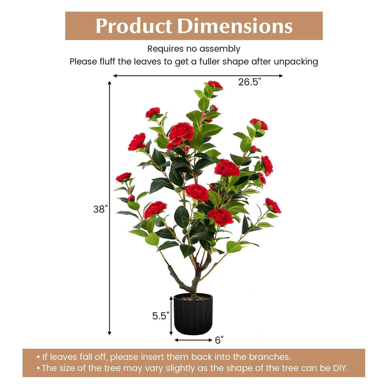 38 Inch Artificial Camellia Tree Faux Flower Plant in Cement Pot by DirectDeals