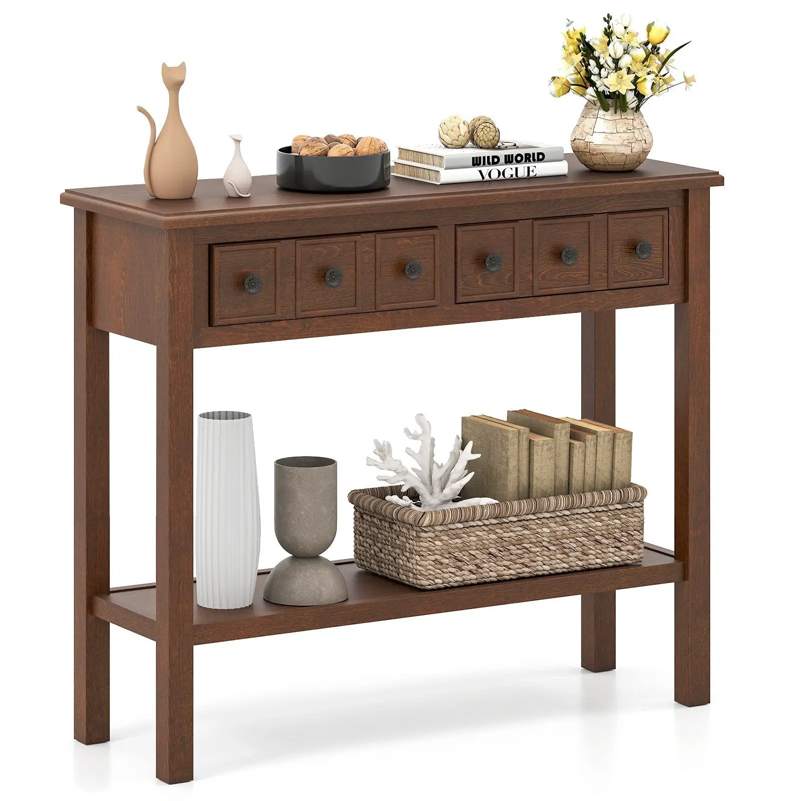 38 Inch Rustic Console Table with 2 Drawers and Bottom Open Shelf-Espresso by DirectDeals