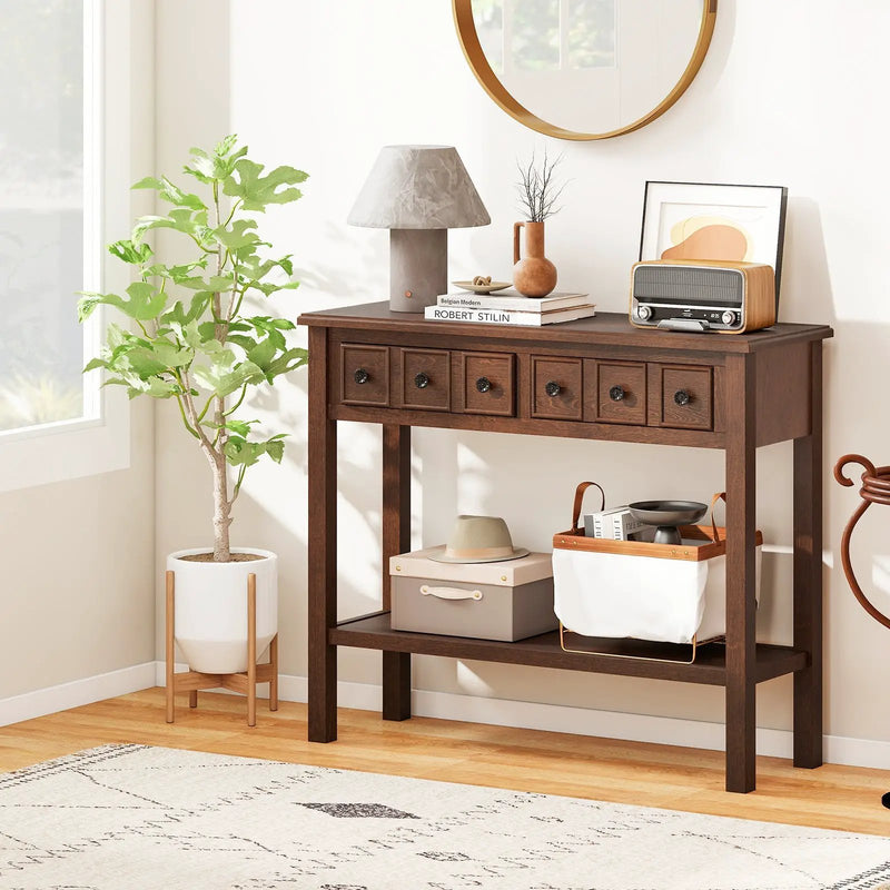 38 Inch Rustic Console Table with 2 Drawers and Bottom Open Shelf-Espresso by DirectDeals