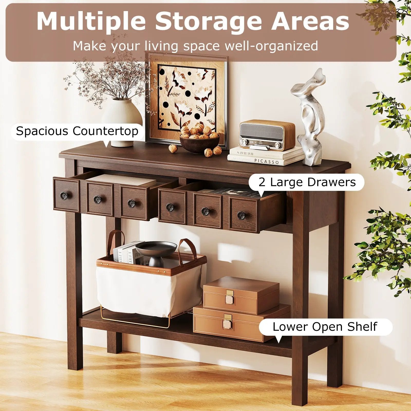 38 Inch Rustic Console Table with 2 Drawers and Bottom Open Shelf-Espresso by DirectDeals