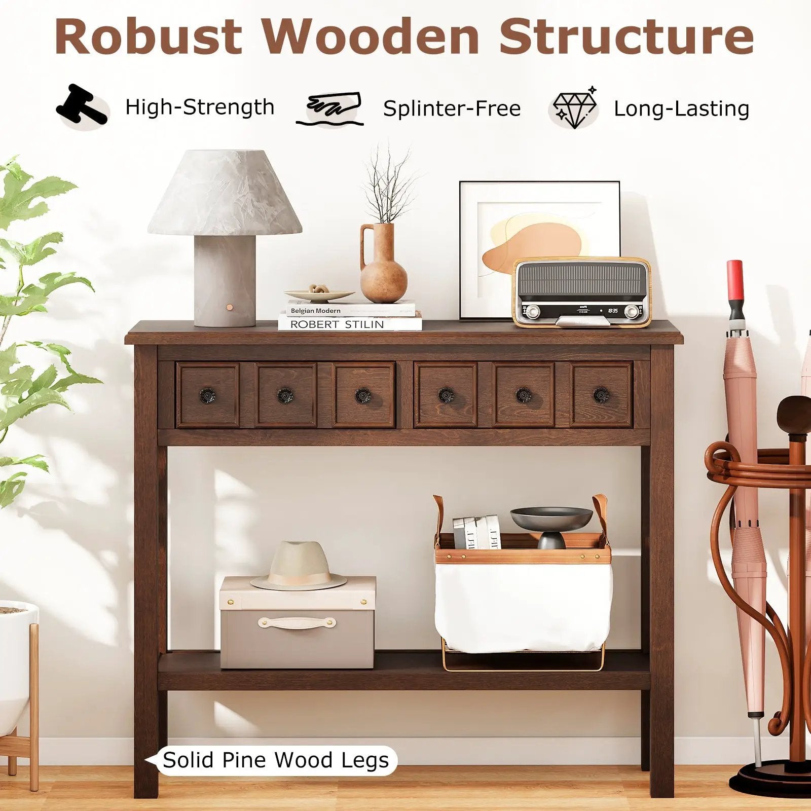38 Inch Rustic Console Table with 2 Drawers and Bottom Open Shelf-Espresso by DirectDeals