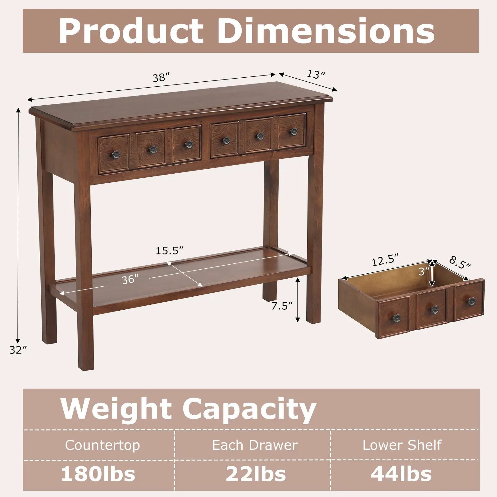 38 Inch Rustic Console Table with 2 Drawers and Bottom Open Shelf-Espresso by DirectDeals