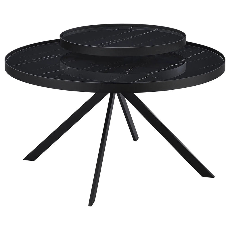 Briggs Round Marble Printed Glass Top Coffee Table Black by Unique Piece Furniture