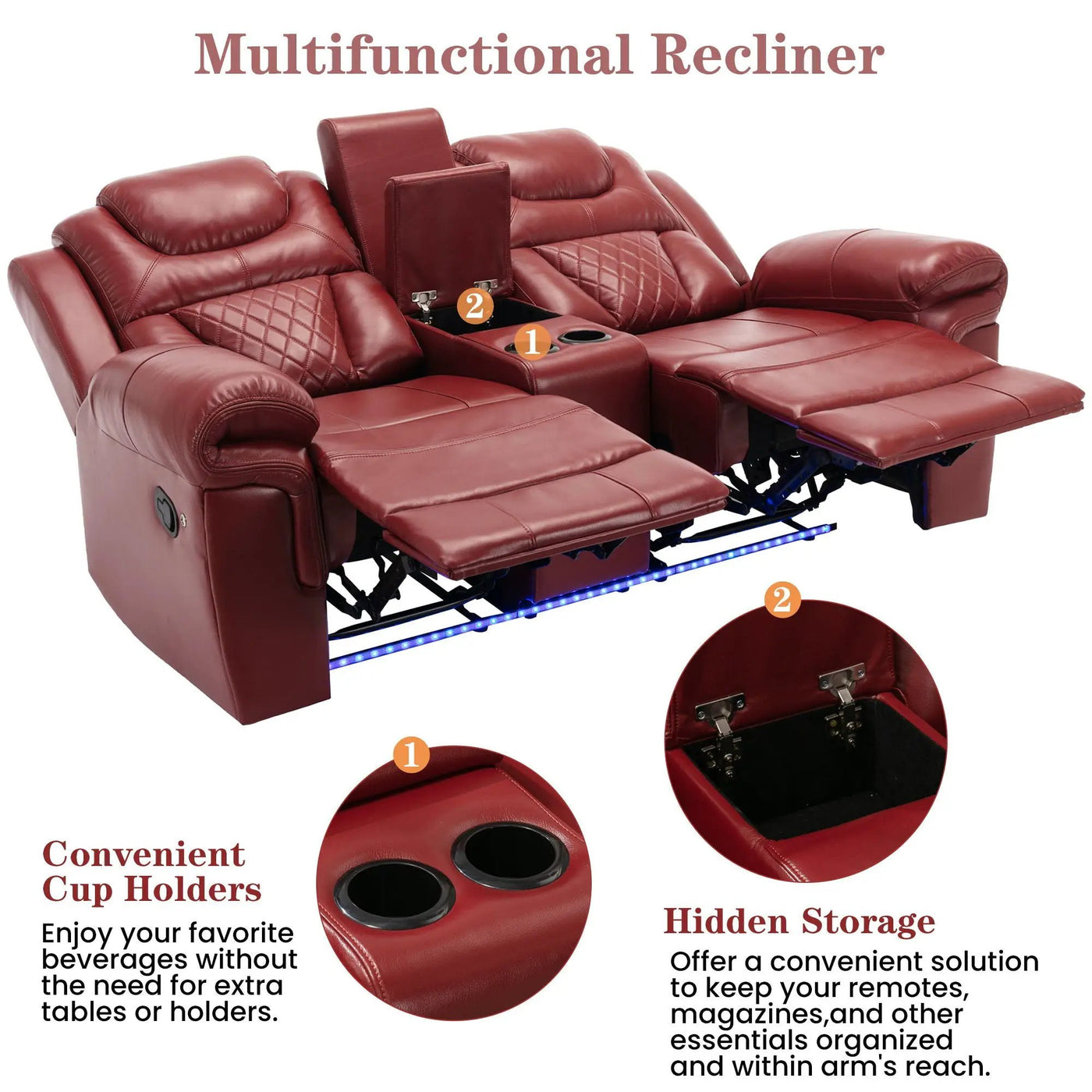 Home Theater Seating Manual Recliner Loveseat With Hide-Away Storage, Cup Holders And Led Light Strip For Living Room by Unique Piece Furniture