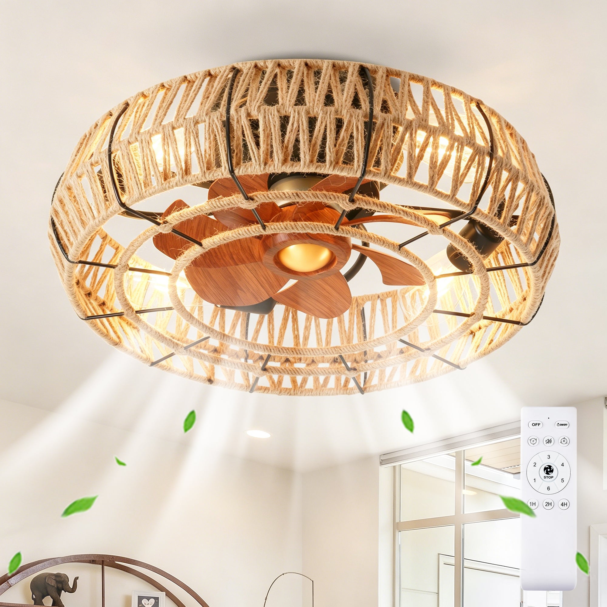 20" Rope Caged Flush Mount Ceiling Fan with Light Kit and Remote Control by HouseOfZazla