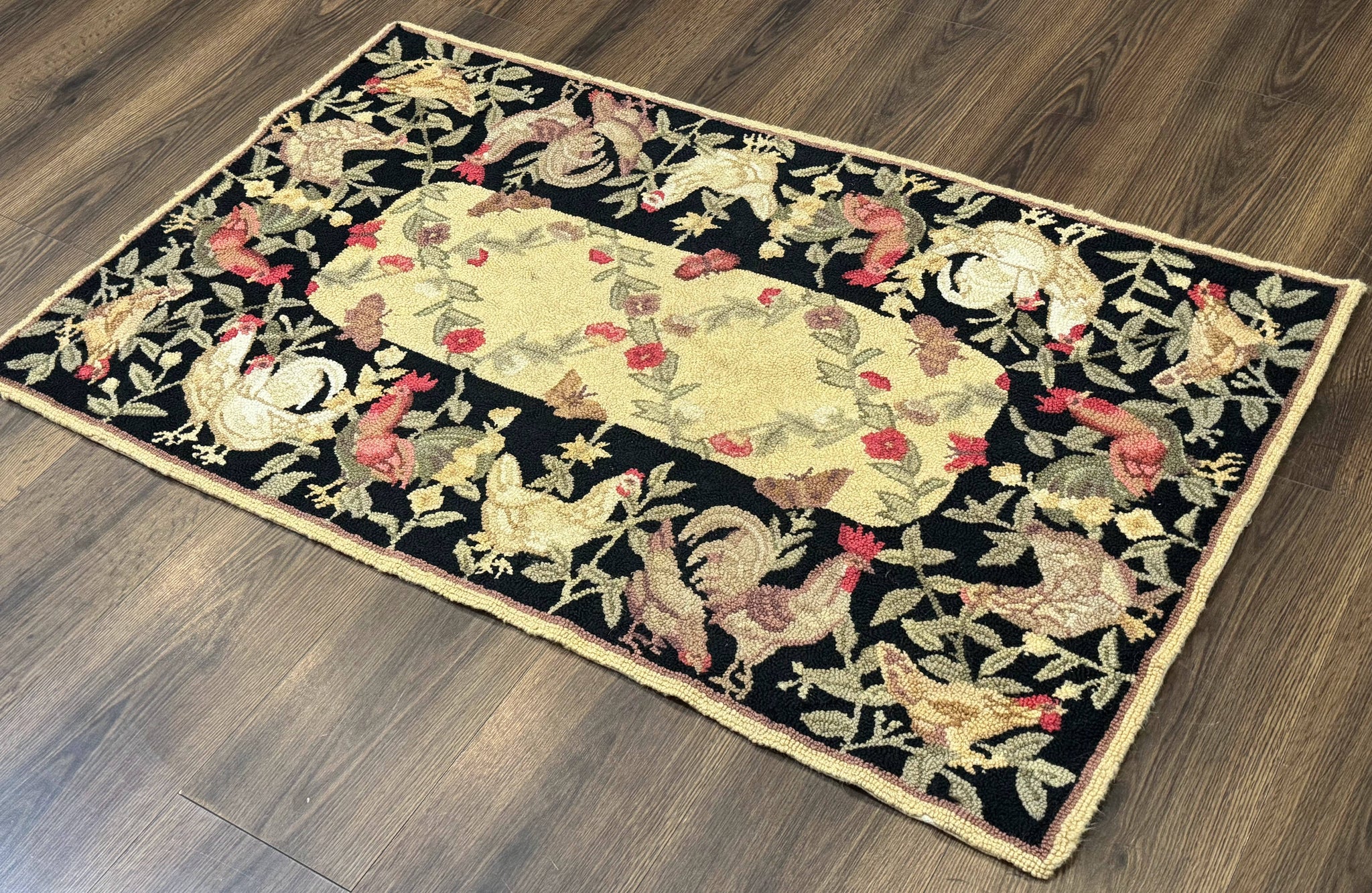 Small Vintage Hooked Rug, Roosters, Handmade, Wool by Jewel Rugs