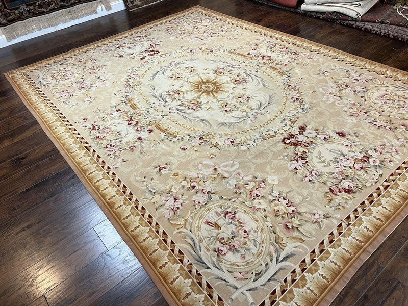 Aubusson Rug 9x12, Elegant Savonnerie Carpet 9 x 12 ft, Beige Ivory Tan, Floral, Flatweave Wool Handmade Area Rug 9 x 12 ft, European French by Jewel Rugs