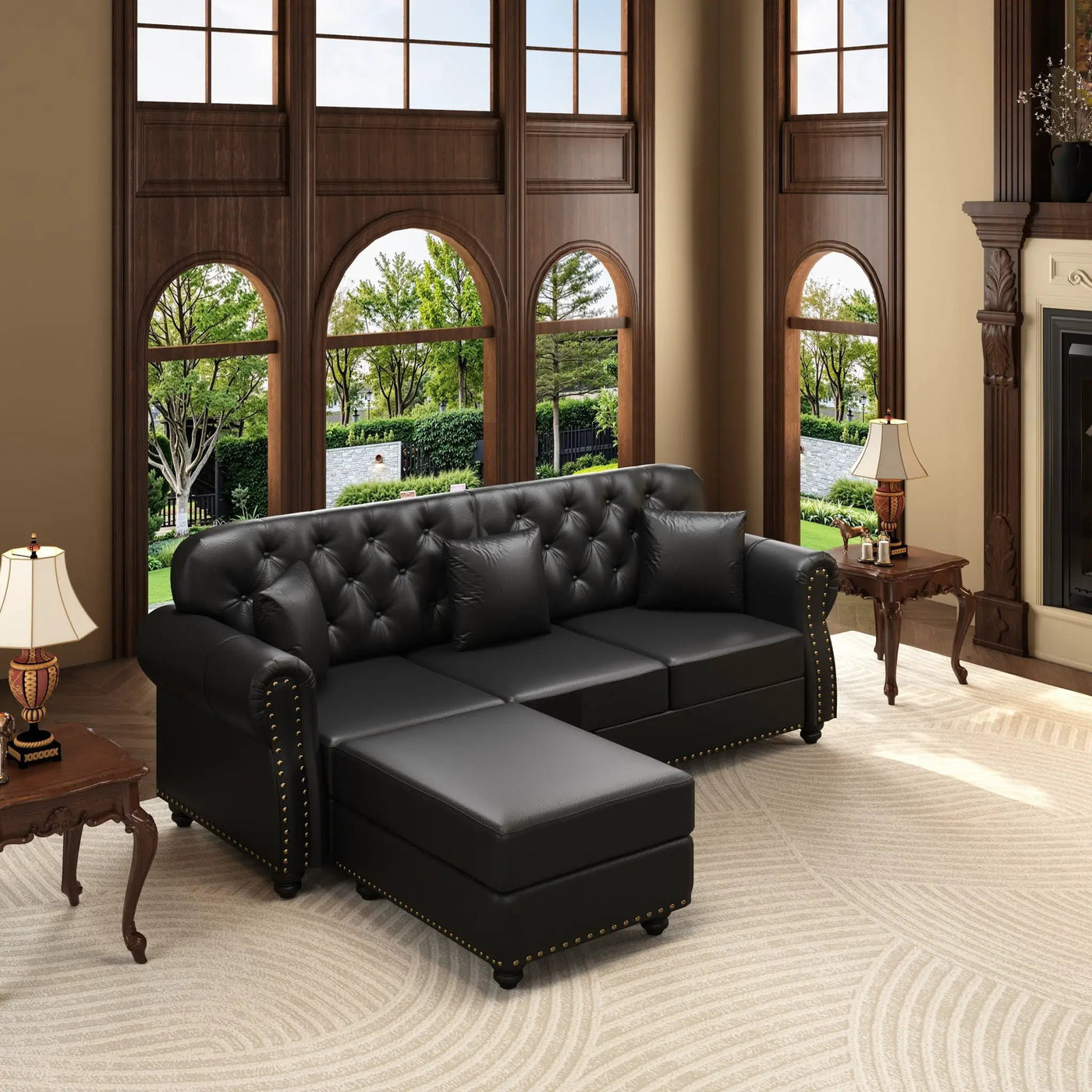 Upholstered Sofa With Nailhead Trim, Rolled Armrests With Ottoman by HouseOfZazla