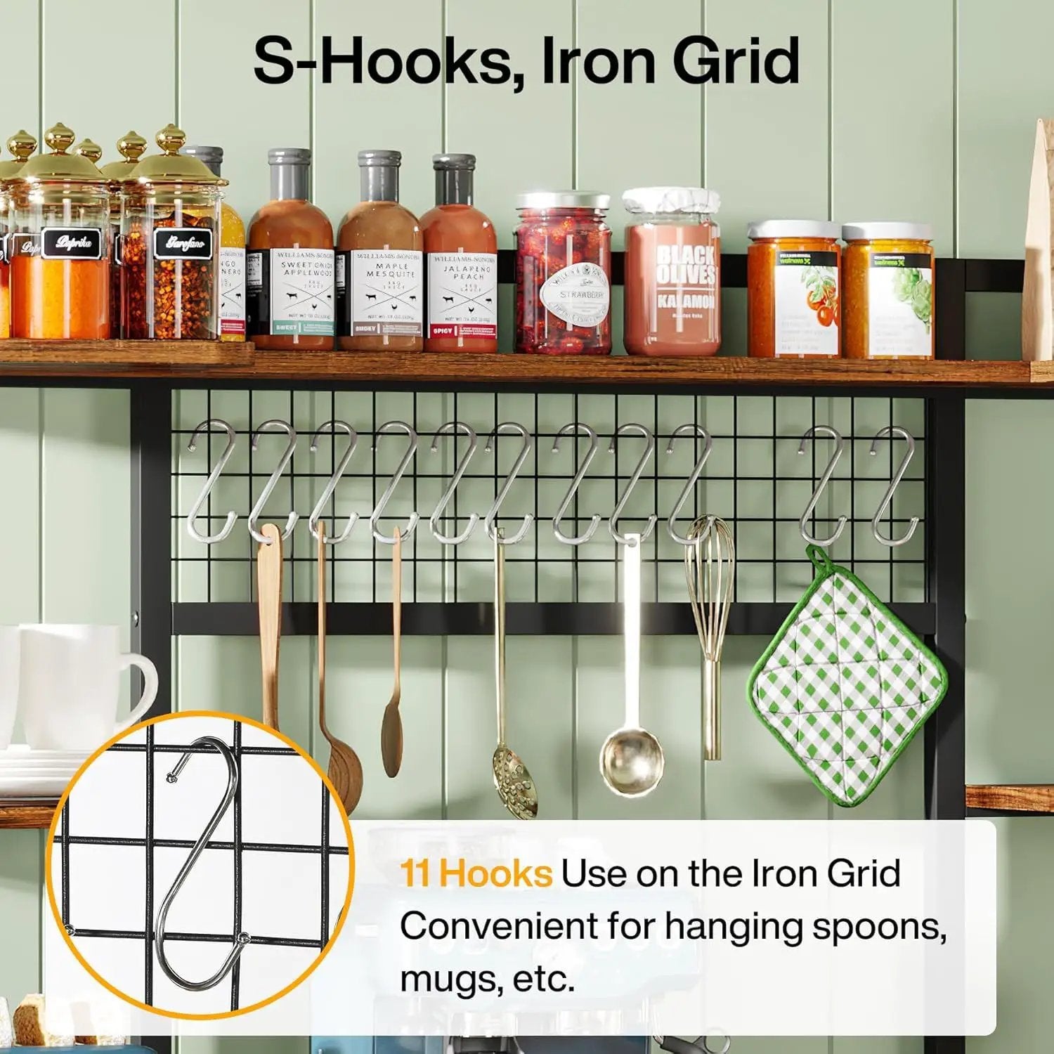 Baker's Rack With Hutch, 5 Tier Kitchen Storage Shelf, Freestanding Utility Pantry Organizer With Hooks And Microwave Stand - Black by HouseOfZazla