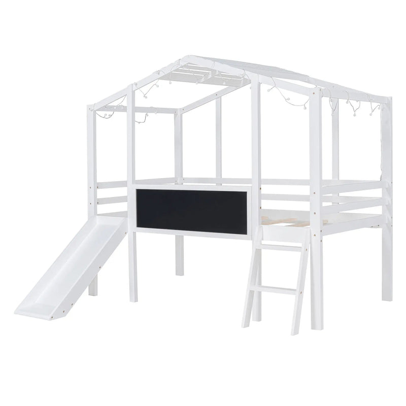 Loft House Bed With Ladder And Slide, With board And Light Strip On The Roof by HouseOfZazla