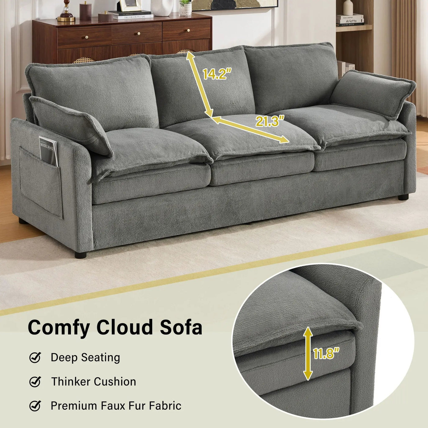Modern 3 Seater Sofa With Side Storage Pockets For Living Room by HouseOfZazla