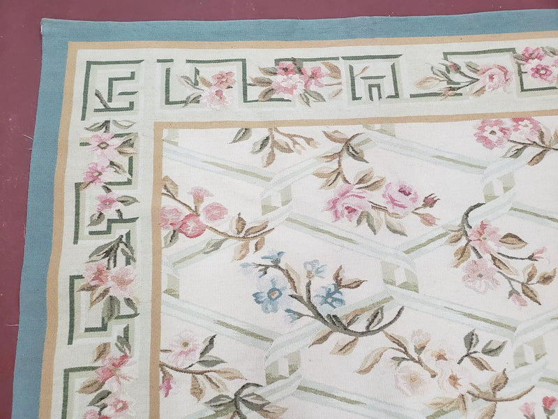 Vintage Aubusson Area Rug, Aubusson Flat weave Carpet, Floral Geometric Pattern, Beige Teal Green, 4x6 Rug, European Design by Jewel Rugs