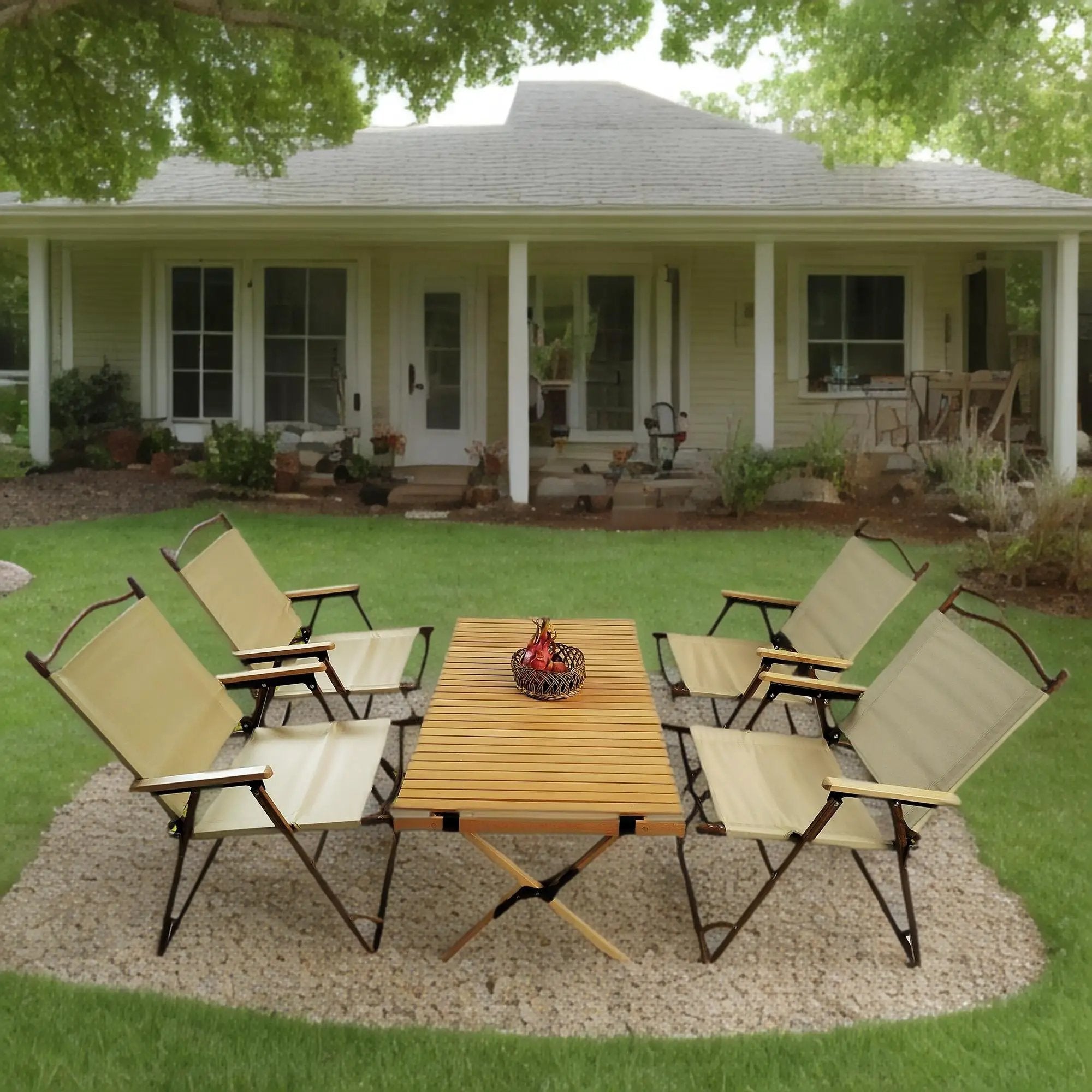 5 Pieces Dining Set, Multi-Function Foldable And Portable, 1 Dining Table & 4 Folding Chairs, Indoor And Outdoor Universal - Natural by HouseOfZazla