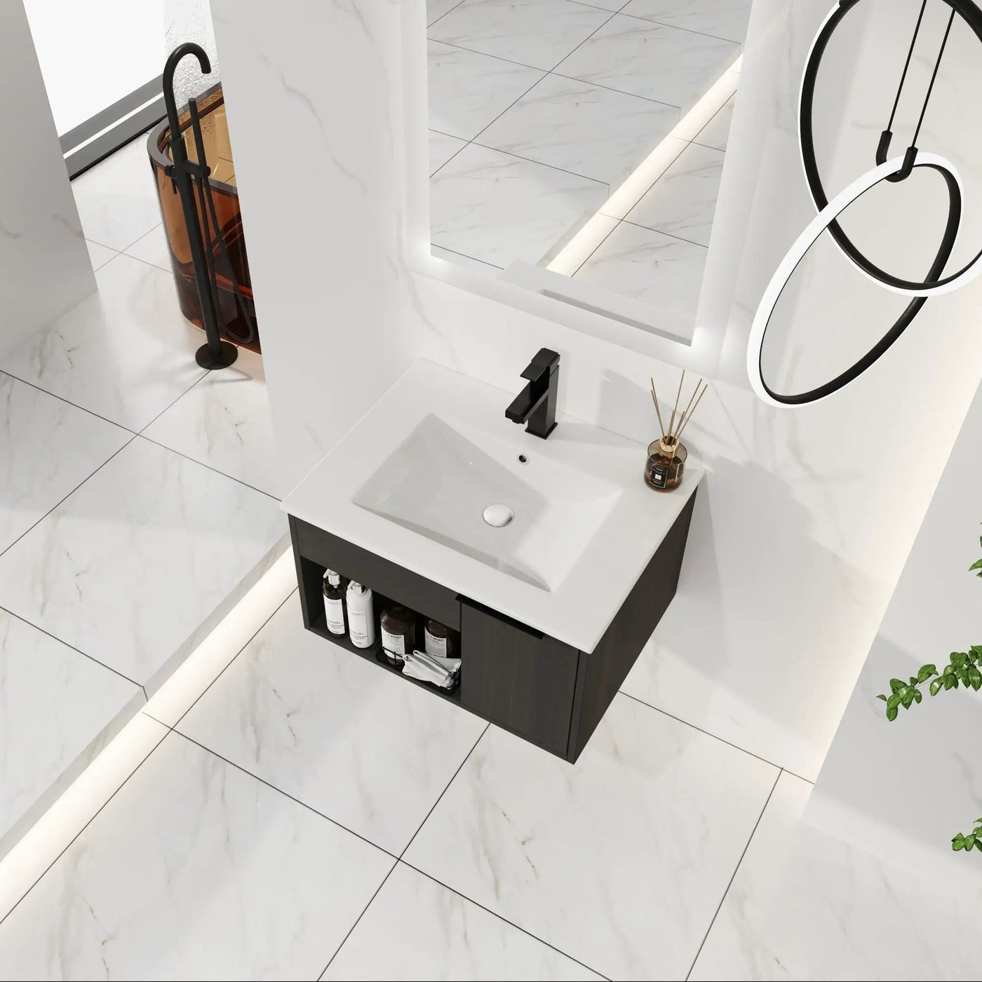 Wall Mounted Floating Bathroom Vanity With Open Shelf & Soft Close Door by HouseOfZazla