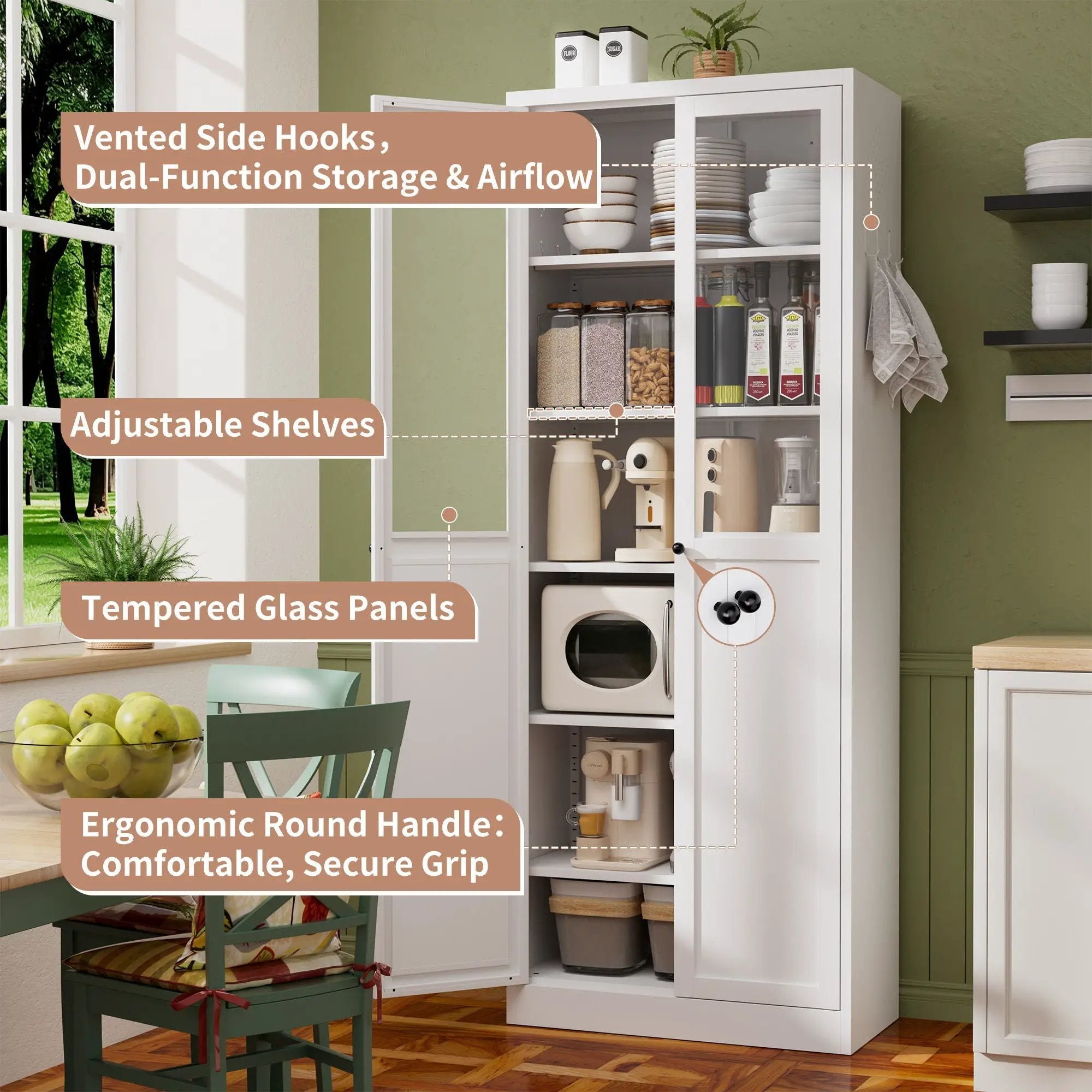 Tall Metal Kitchen Pantry Cabinet With Adjustable Shelves And Silent Magnetic Doors - White by HouseOfZazla