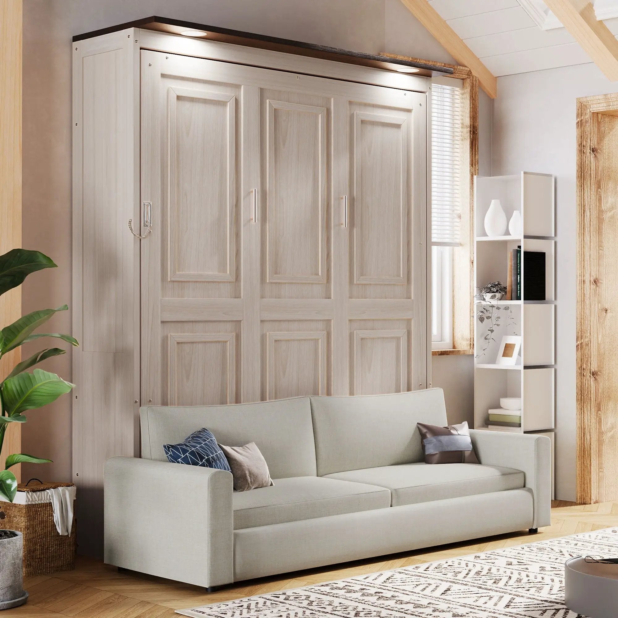 Queen Size Murphy Bed With Sofa And LED - Beige by Unique Piece Furniture