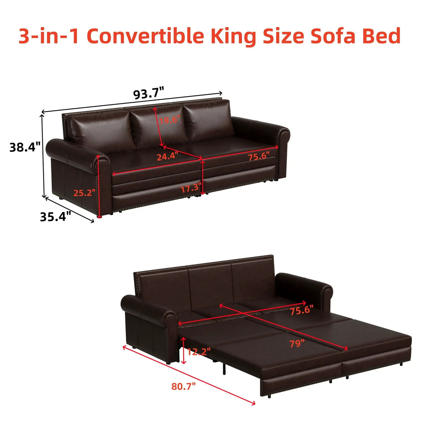 3 In 1 Convertible Sleeper Sofa With Nailhead Trim & Rolled Arm by HouseOfZazla