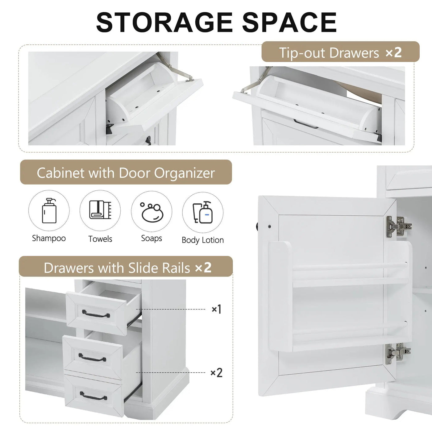 36" Bathroom Vanity With Sink, 2 Tip-Out Drawers, Soft Close Hinges by HouseOfZazla