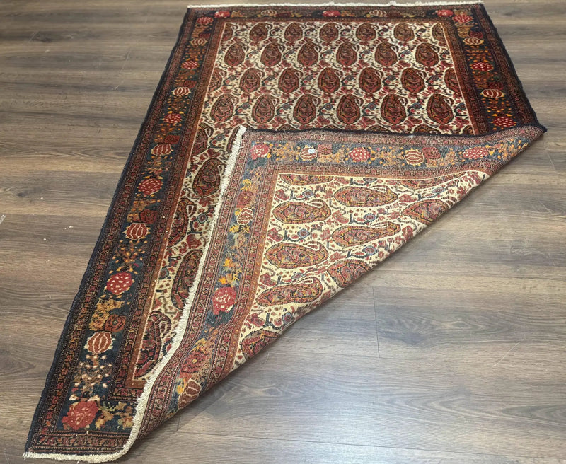 Antique Persian Kurdish Senneh Rug 4.6 x 6.5, Repeated Paisely Boteh Design, Handmade by Jewel Rugs