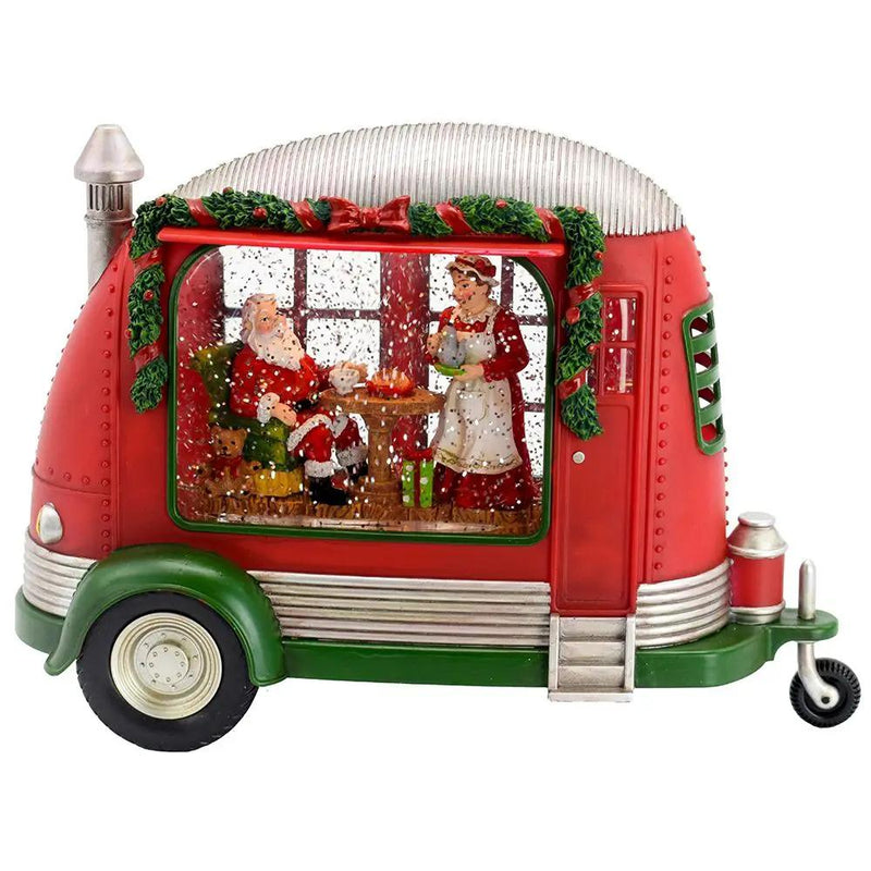 Christmas Plastic / Resin Camper With Mr & Mrs Santa Tea Time LED / Water Spinning / 2 Way Switch, 3*AA Required - Red by HouseOfZazla